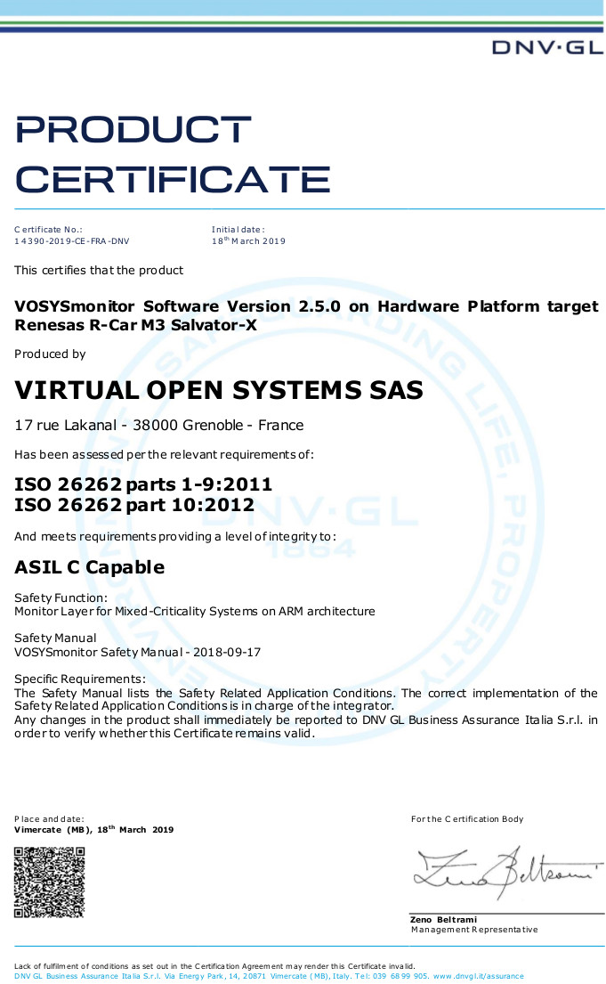 VOSySmonitor, an ISO 26262 - ASIL C certified Arm TrustZone based virtualization layer