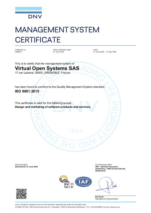 Virtual Open Systems Quality Management System - ISO 9001:2015 certification