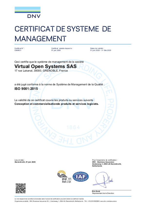 Système de Management Qualité de Virtual Open Systems - certification ISO 9001:2015